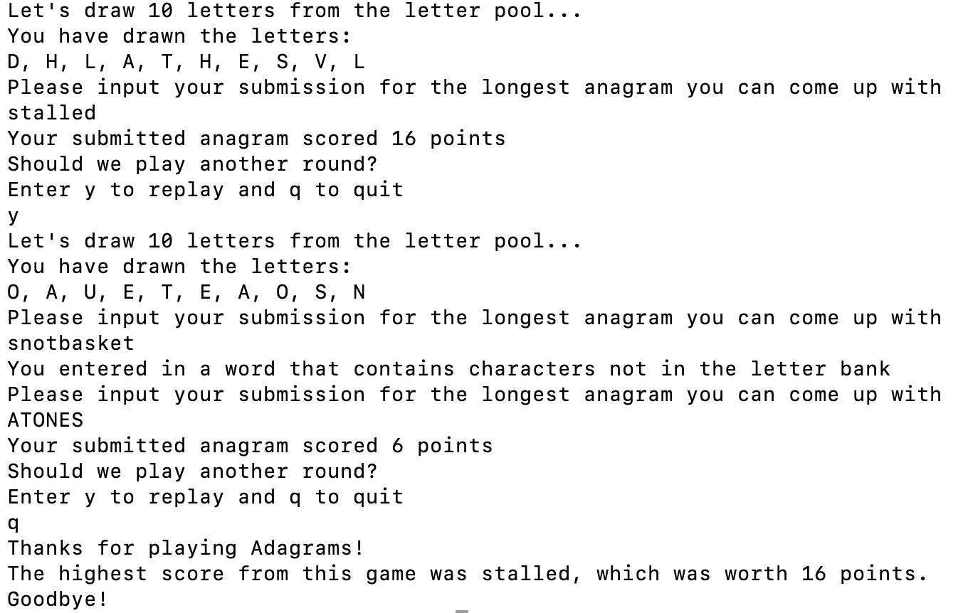Screenshot of terminal running adagrams program