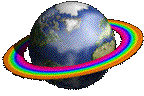 Earth with rainbow-coloured rings, spinning